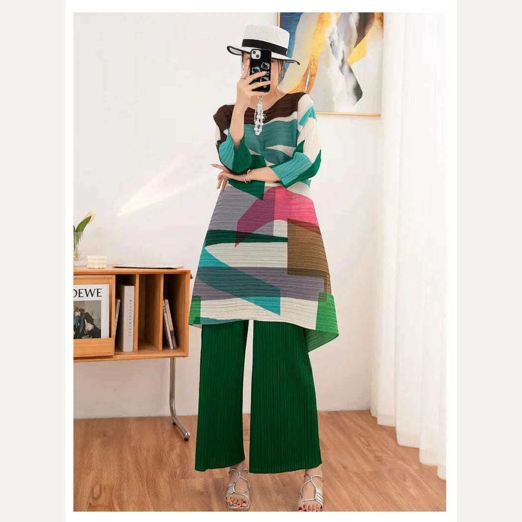 Miyake Pleated Women's Suit Women's Fashion Two-piece Set 2023 Autumn and Winter New Style Printed Mid-length Top Wide-leg Pants - KIMLUD