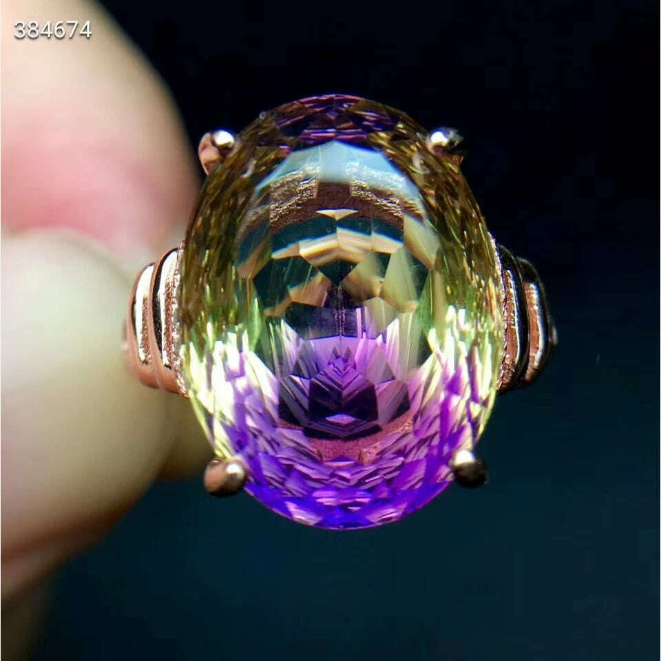 Natural Purple Yellow Ametrine Quartz Resizable Ring Faceted Cut Women Adjustable Size Ring Ametrine 12*16mm Rare Gift AAAAAA - KIMLUD