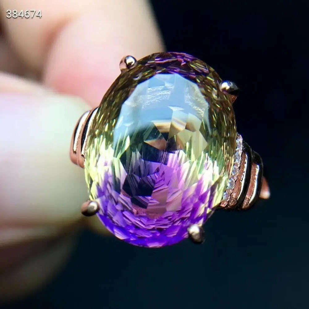 KIMLUD, Natural Purple Yellow Ametrine Quartz Resizable Ring Faceted Cut Women Adjustable Size Ring Ametrine 12*16mm Rare Gift AAAAAA, KIMLUD Womens Clothes