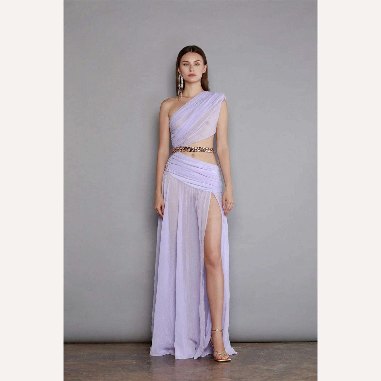 KIMLUD, New Summer Violet Color Sexy One Shoulder Golden Chain EXpose Waist High Split Floor Lenght Dress Celebrity Evening Party Outfit, KIMLUD Womens Clothes