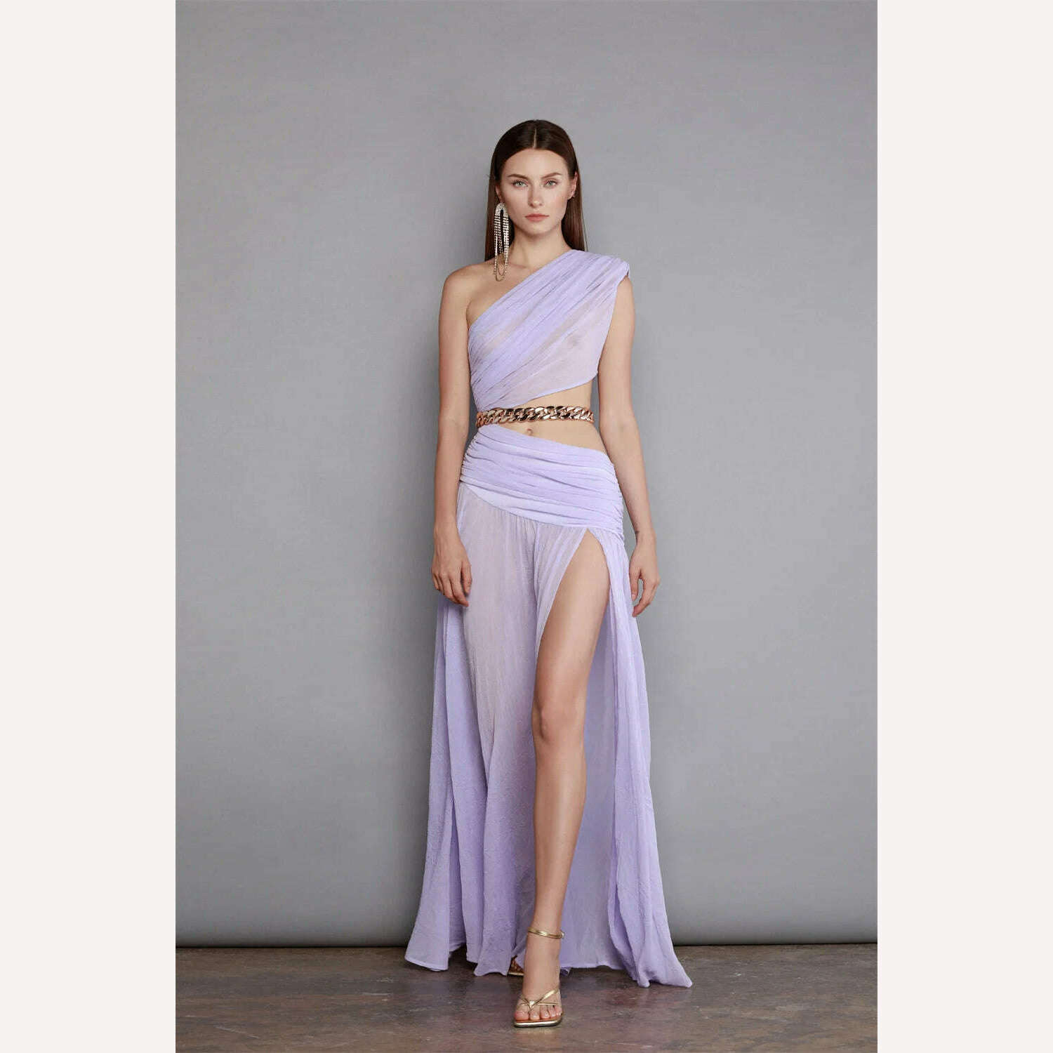 KIMLUD, New Summer Violet Color Sexy One Shoulder Golden Chain EXpose Waist High Split Floor Lenght Dress Celebrity Evening Party Outfit, Lavender / XS, KIMLUD APPAREL - Womens Clothes