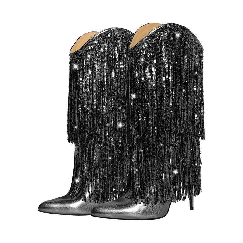 KIMLUD, Onlymaker Woman Pointed Toe Stilettos Sequin Fringe Boots Big Size Fashion Female Booties, CD230916A / 7, KIMLUD APPAREL - Womens Clothes