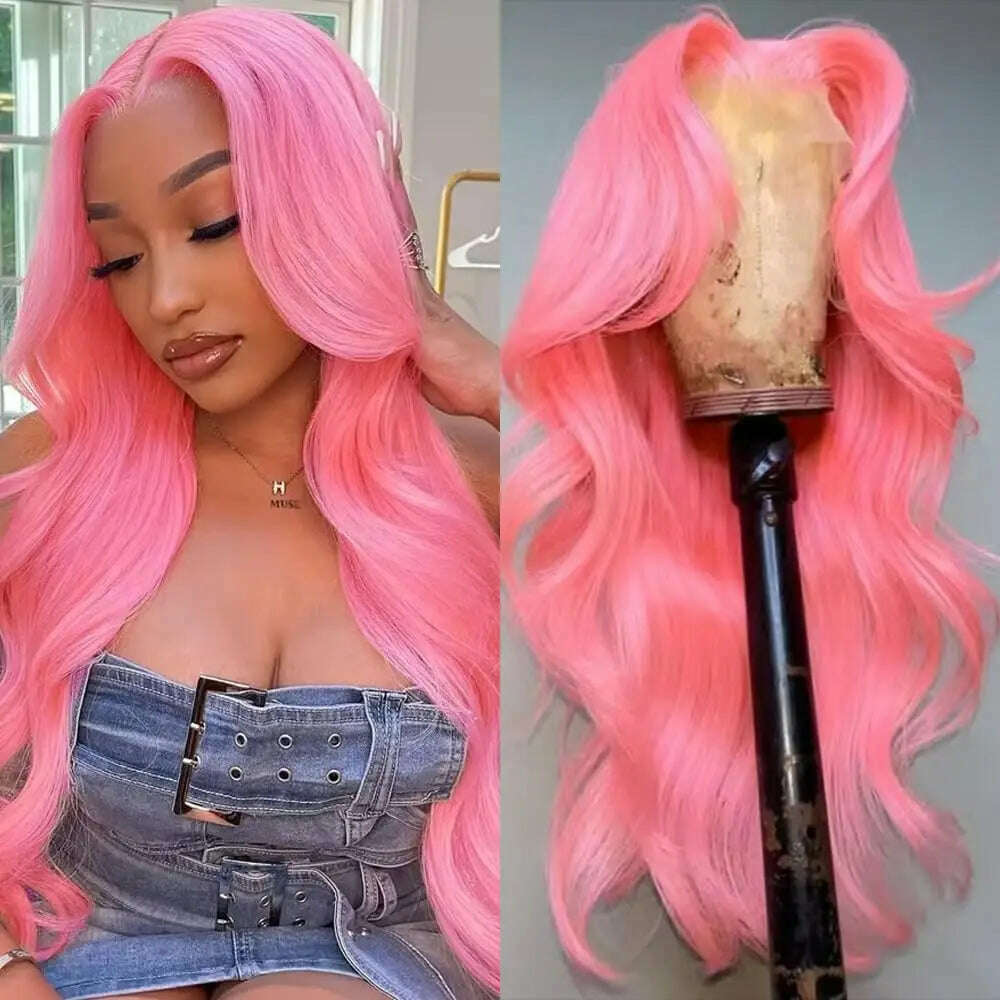 KIMLUD, Pink Body Wave Lace Front Wig Human Hair 13x4 HD Lace Frontal Human Hair Wig 180 Density Transparent Brazilian Hair Colored Wig, pink color / 30Inches / 180%, KIMLUD APPAREL - Womens Clothes