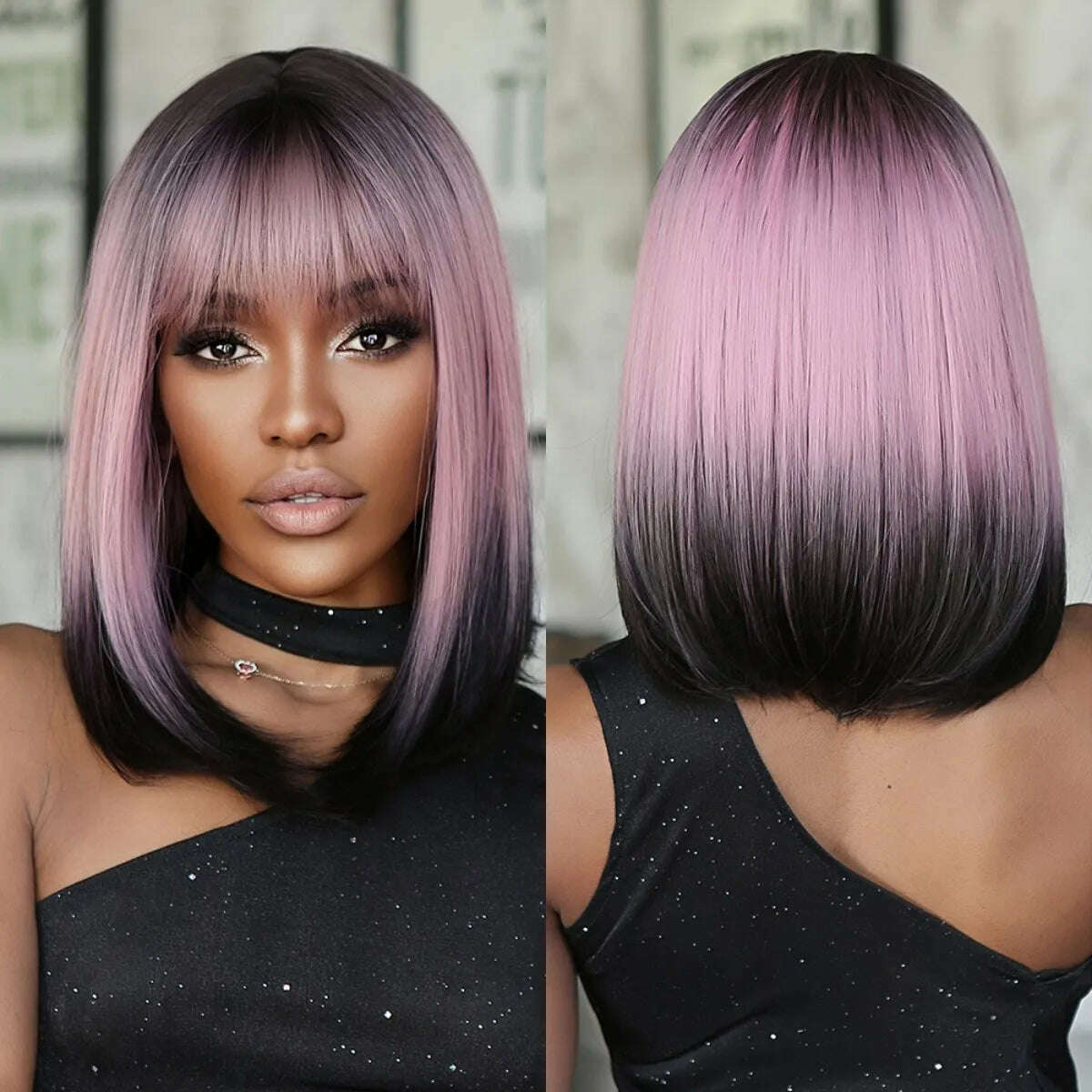 Purple Pink Ombre Black Short Straight Synthetic Wigs with Bangs Bob Wig for Women Daily Cosplay Party Heat Resistant Fake Hairs - KIMLUD