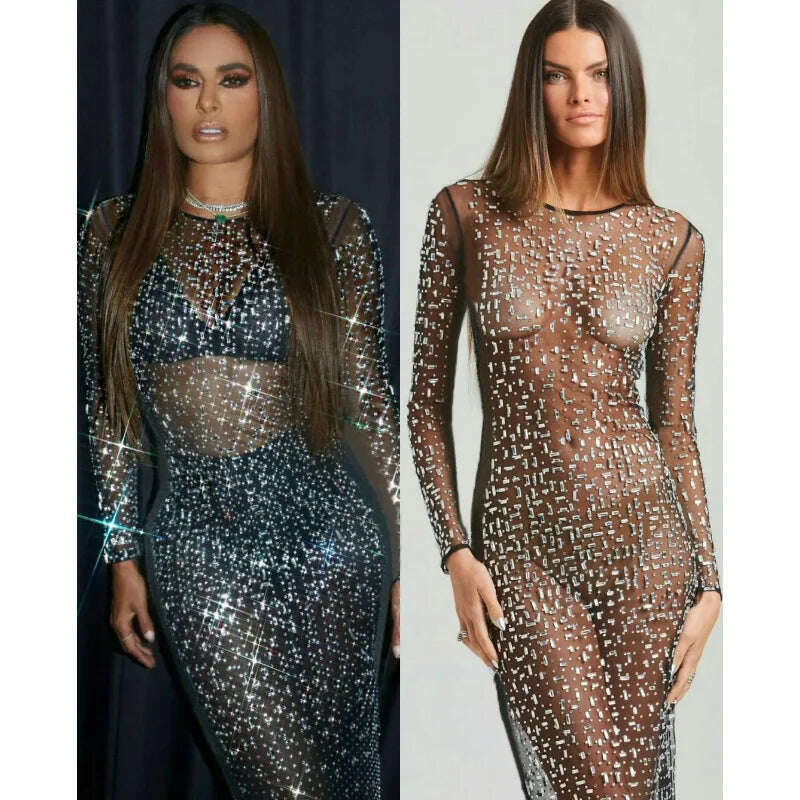 Sexy Split Glitter Female Cover Up Maxi Dress Mesh See-Through Fashion Long Sleeve Slim Beach Cover Up Dress for Women - KIMLUD