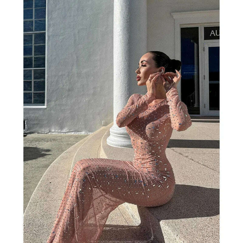 Sexy Split Glitter Female Cover Up Maxi Dress Mesh See-Through Fashion Long Sleeve Slim Beach Cover Up Dress for Women - KIMLUD