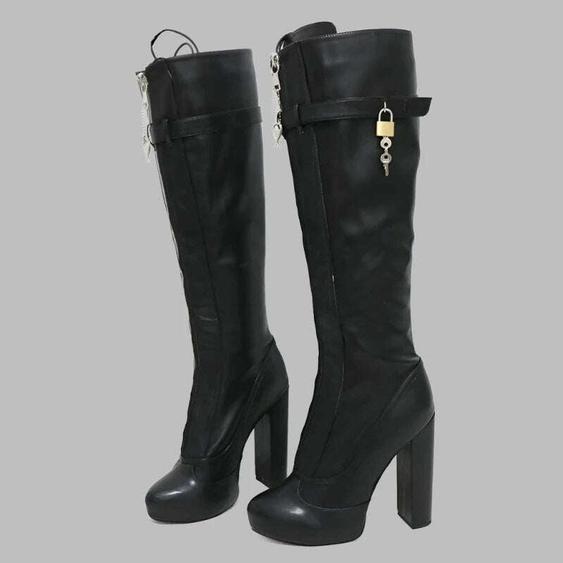 KIMLUD, Sorbern BDSM Lockable Zipper Knee High Boots For Women Platform Fetish Buckles Strap Shoes Ladies High Heels Custom Wide Fit, Block Heel / 36, KIMLUD APPAREL - Womens Clothes