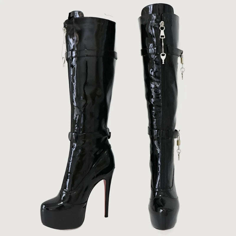 KIMLUD, Sorbern Black Patent Knee Boots Women With Locks Drag Queen Shoes Platform Fetish High Heels Round Toe Lockable Zipper Front, KIMLUD Womens Clothes