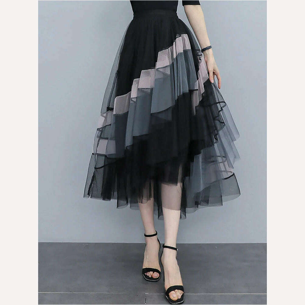 KIMLUD, TIGENA Fashion Patchwork Tulle Long Skirt Women 2023 Spring Summer Elegant High Street Mesh High Waist Pleated Midi Skirt Female, KIMLUD Womens Clothes