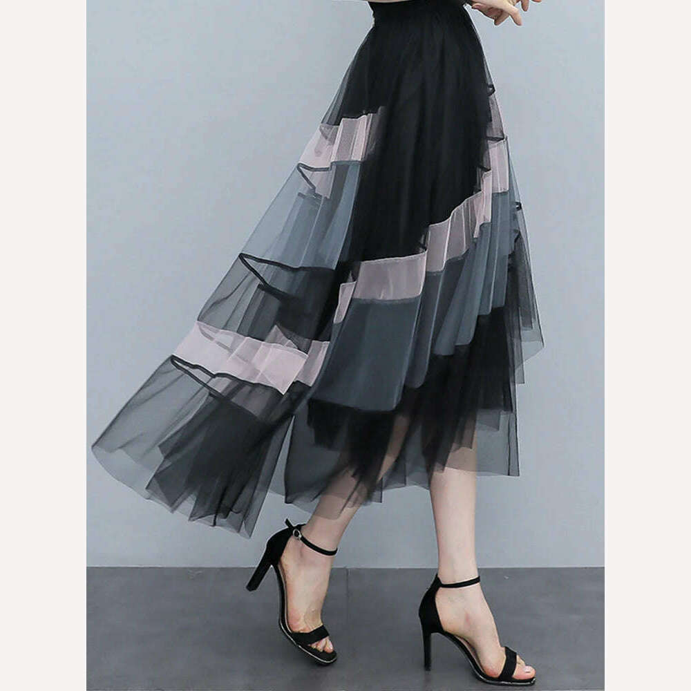 KIMLUD, TIGENA Fashion Patchwork Tulle Long Skirt Women 2023 Spring Summer Elegant High Street Mesh High Waist Pleated Midi Skirt Female, KIMLUD Womens Clothes