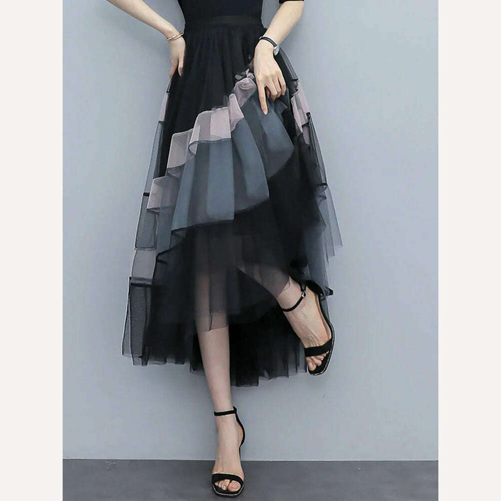 KIMLUD, TIGENA Fashion Patchwork Tulle Long Skirt Women 2023 Spring Summer Elegant High Street Mesh High Waist Pleated Midi Skirt Female, KIMLUD Womens Clothes