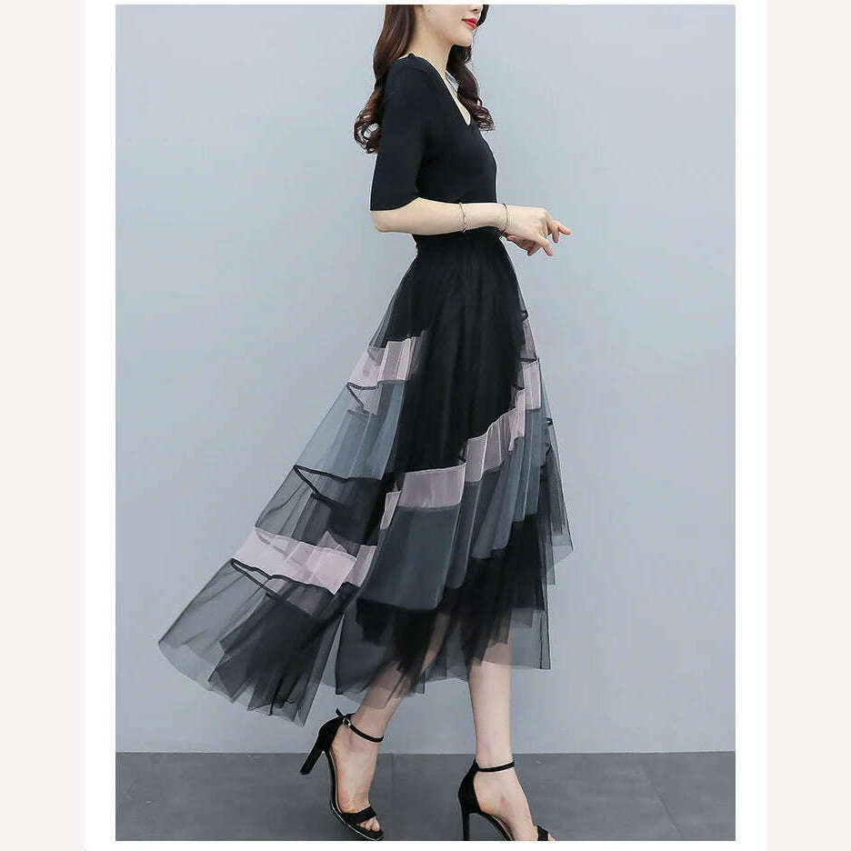 KIMLUD, TIGENA Fashion Patchwork Tulle Long Skirt Women 2023 Spring Summer Elegant High Street Mesh High Waist Pleated Midi Skirt Female, KIMLUD Womens Clothes