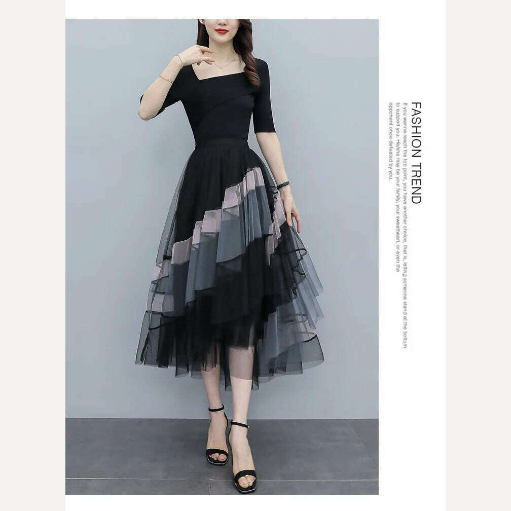 KIMLUD, TIGENA Fashion Patchwork Tulle Long Skirt Women 2023 Spring Summer Elegant High Street Mesh High Waist Pleated Midi Skirt Female, KIMLUD Womens Clothes