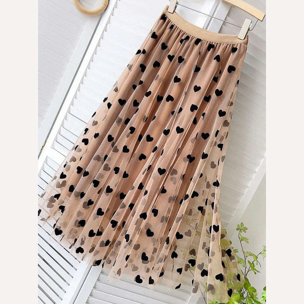 KIMLUD, TIGENA Tulle Maxi Skirt Women 2023 Spring Summer Korean Cute Heart Pattern Flocking Mesh Big Hem High Waist Long Skirt Female, KIMLUD Womens Clothes