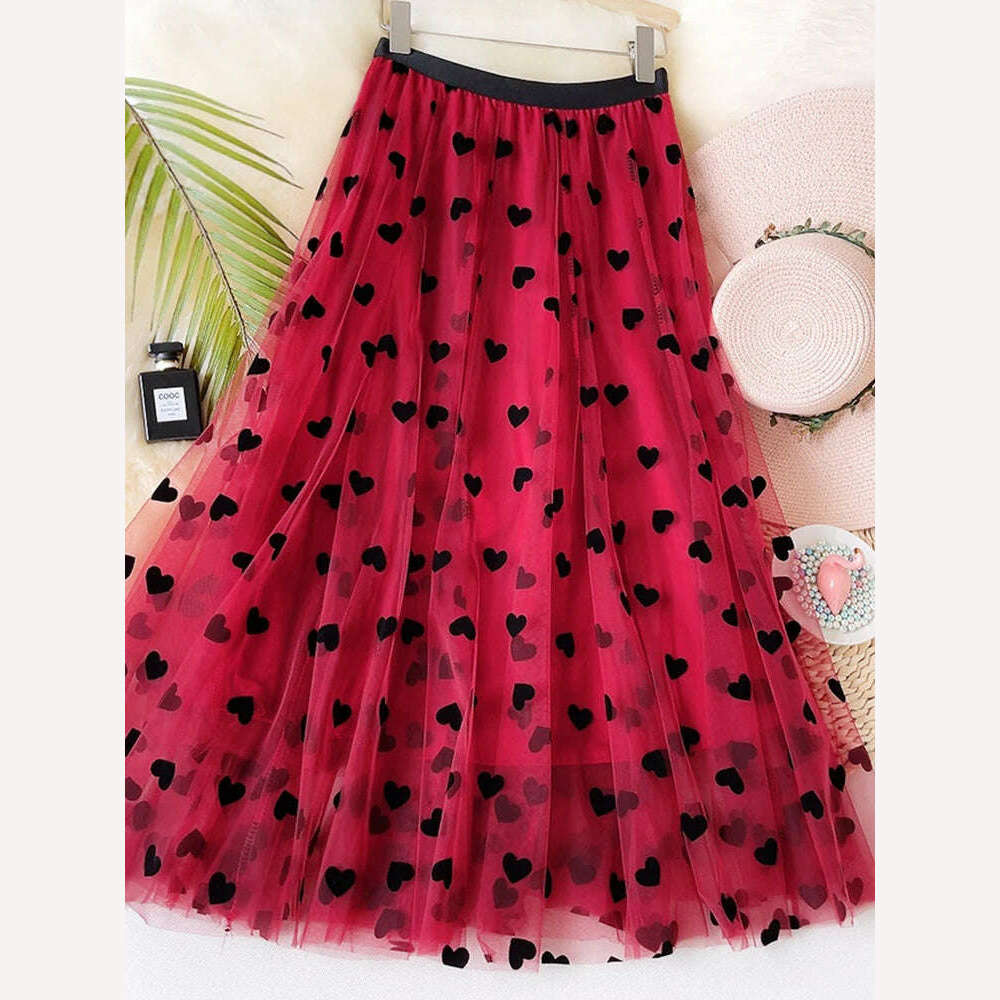 KIMLUD, TIGENA Tulle Maxi Skirt Women 2023 Spring Summer Korean Cute Heart Pattern Flocking Mesh Big Hem High Waist Long Skirt Female, Red / One Size, KIMLUD APPAREL - Womens Clothes