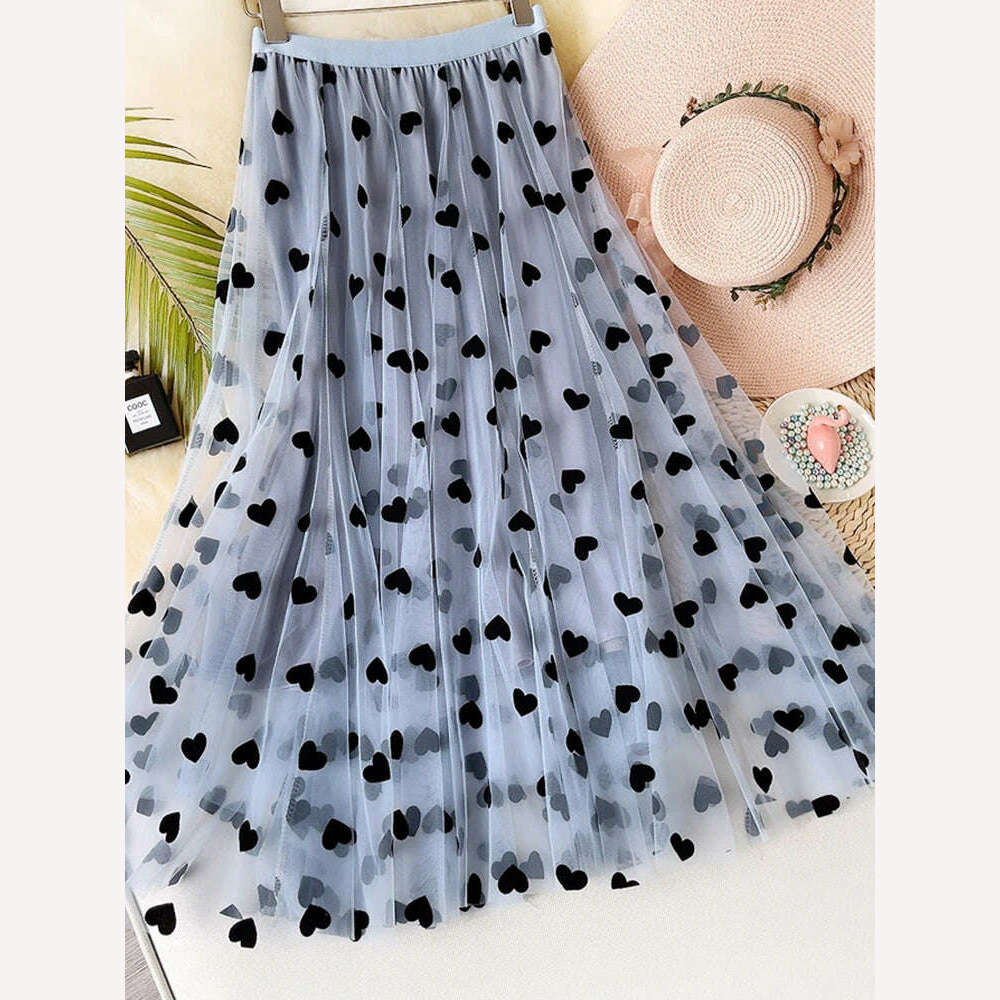 KIMLUD, TIGENA Tulle Maxi Skirt Women 2023 Spring Summer Korean Cute Heart Pattern Flocking Mesh Big Hem High Waist Long Skirt Female, Blue / One Size, KIMLUD APPAREL - Womens Clothes