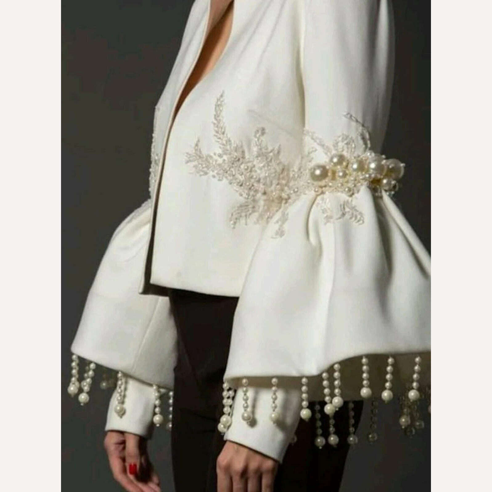 KIMLUD, Vintage Elegant Stand Collar Jackets Women Spring Pearl Fringed Decor Embroidery Flared Sleeves Coat Party Evening Outerwears, KIMLUD Womens Clothes