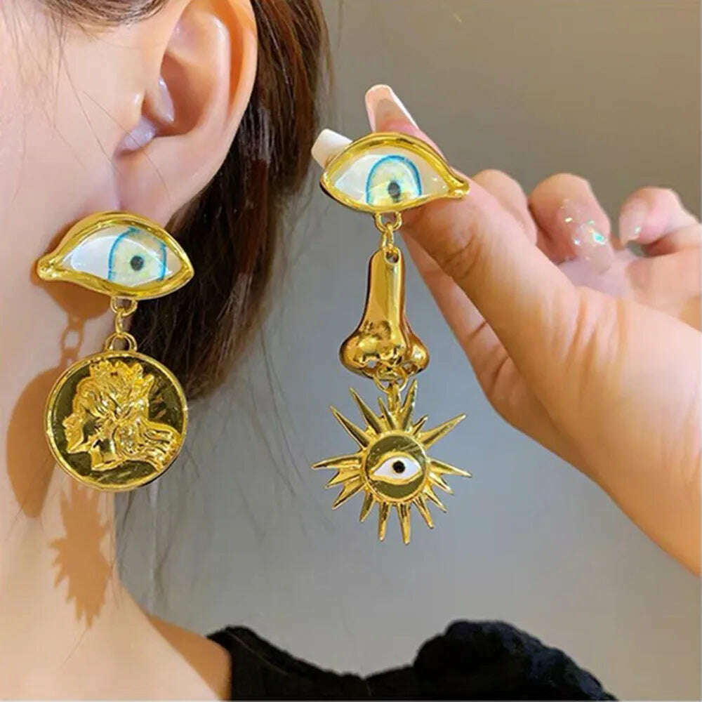 Vintage Ethnic Irregular Golden Eyes Charms Dangle Earrings For Women Fashion Jewelry Baroque Style Lady Ears' Accessories - KIMLUD