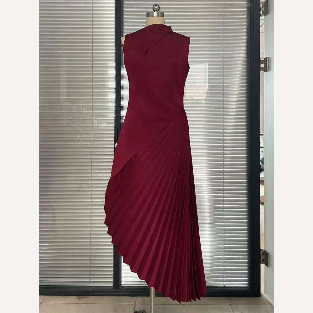 VKBN News Party Evening Dresses Women Casual Off The Shoulder Sleeveless O-Neck Red Banquet Folds Wedding Dresses for Female - KIMLUD