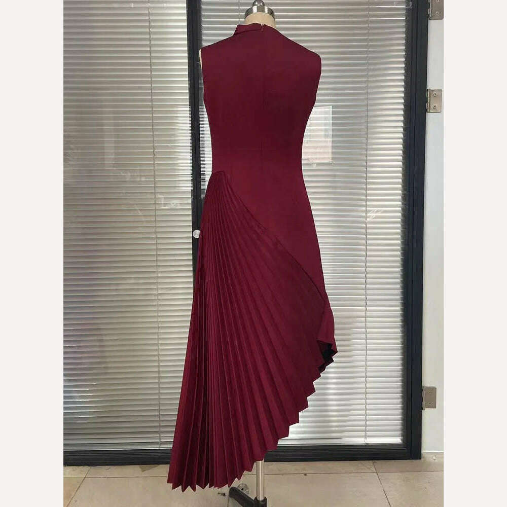 VKBN News Party Evening Dresses Women Casual Off The Shoulder Sleeveless O-Neck Red Banquet Folds Wedding Dresses for Female - KIMLUD