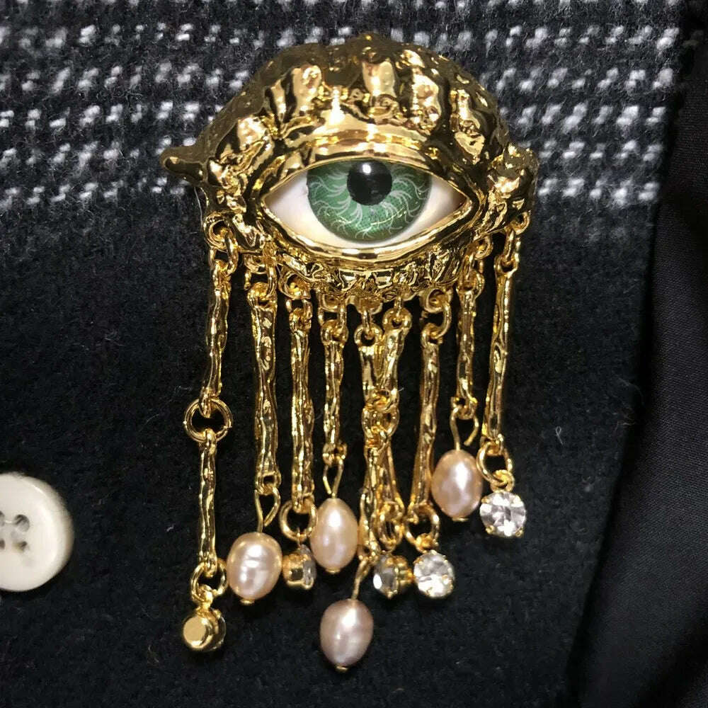 Women Men Vintage Eyes of Demon Brooch Pins Exaggerated Trendy Style Imitated Pearl Delicate Tassels Metal Badge Jewelry - KIMLUD