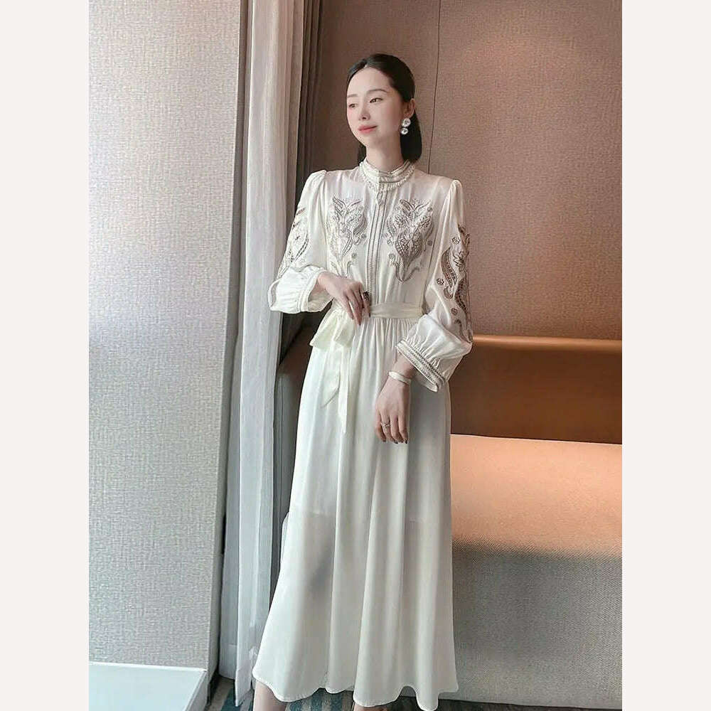 KIMLUD, Women New Fashion Stand Collar Lantern Sleeve White Elegant A-Line Hollow Out Vintage Casual Solid Belt Slim Long Maxi Dresses, KIMLUD Womens Clothes