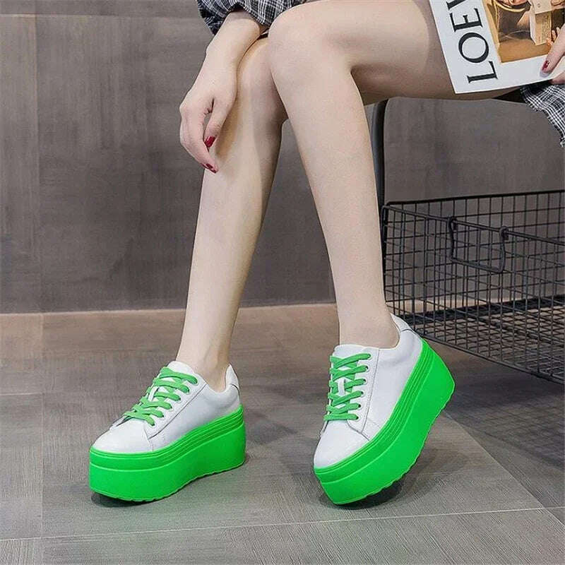 KIMLUD, Women's Sneakers 8CM Thick Bottom Ladies Flats Casual Platform Flat Shoes Lace Up Leather Creppers Girls Lolita Shoes Mary Janes, Green / 38, KIMLUD APPAREL - Womens Clothes