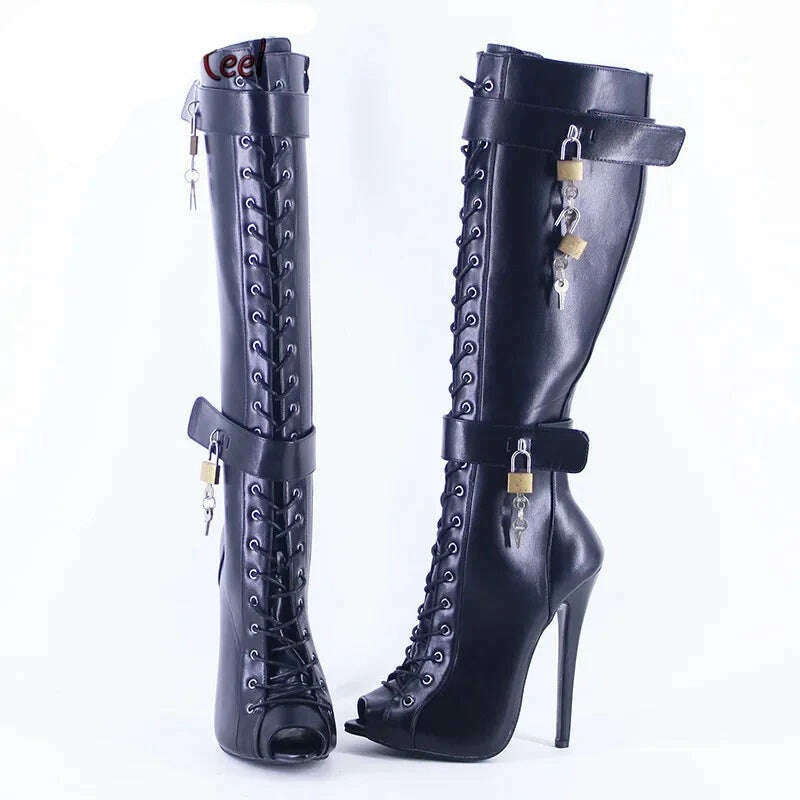 Wonderheel New 16cm Stiletto heel Matte Leather Sexy Peep Toe Nightclub Lockable Padlock Buckles Straps Knee High Boots Big Size - KIMLUD