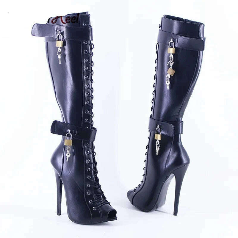 Wonderheel New 16cm Stiletto heel Matte Leather Sexy Peep Toe Nightclub Lockable Padlock Buckles Straps Knee High Boots Big Size - KIMLUD