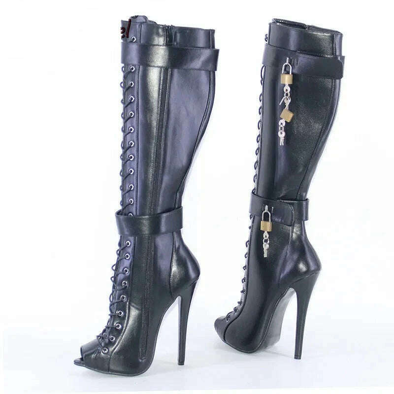 Wonderheel New 16cm Stiletto heel Matte Leather Sexy Peep Toe Nightclub Lockable Padlock Buckles Straps Knee High Boots Big Size - KIMLUD