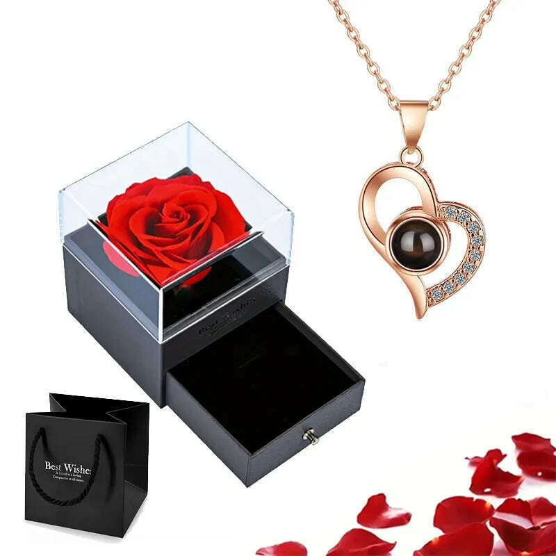 KIMLUD, Projection Necklace Set With Rose Gift Box 100 Languages I Love You Heart Pendant Jewelry 2023 Hot Sale Accessories Dropshipping, gold-01, KIMLUD APPAREL - Womens Clothes