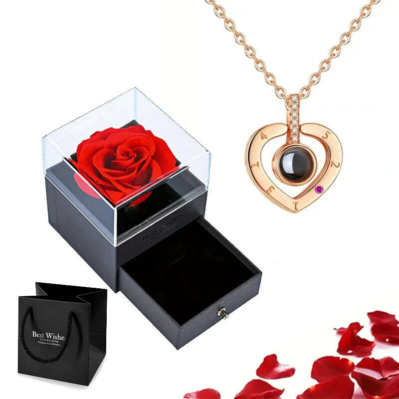 KIMLUD, Projection Necklace Set With Rose Gift Box 100 Languages I Love You Heart Pendant Jewelry 2023 Hot Sale Accessories Dropshipping, gold-02, KIMLUD APPAREL - Womens Clothes