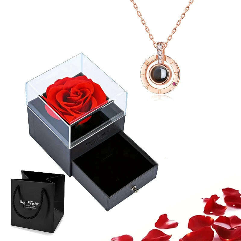 KIMLUD, Projection Necklace Set With Rose Gift Box 100 Languages I Love You Heart Pendant Jewelry 2023 Hot Sale Accessories Dropshipping, gold-03, KIMLUD APPAREL - Womens Clothes