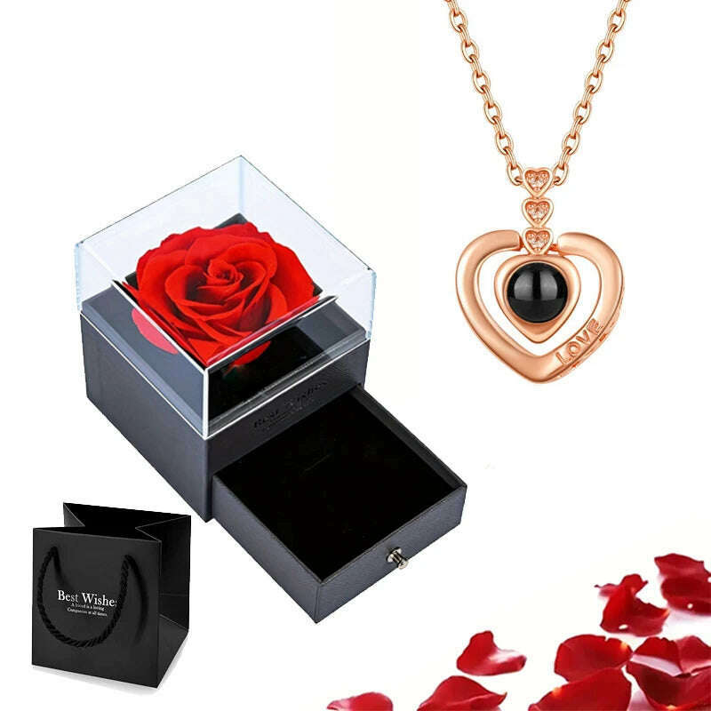 KIMLUD, Projection Necklace Set With Rose Gift Box 100 Languages I Love You Heart Pendant Jewelry 2023 Hot Sale Accessories Dropshipping, gold-04, KIMLUD APPAREL - Womens Clothes