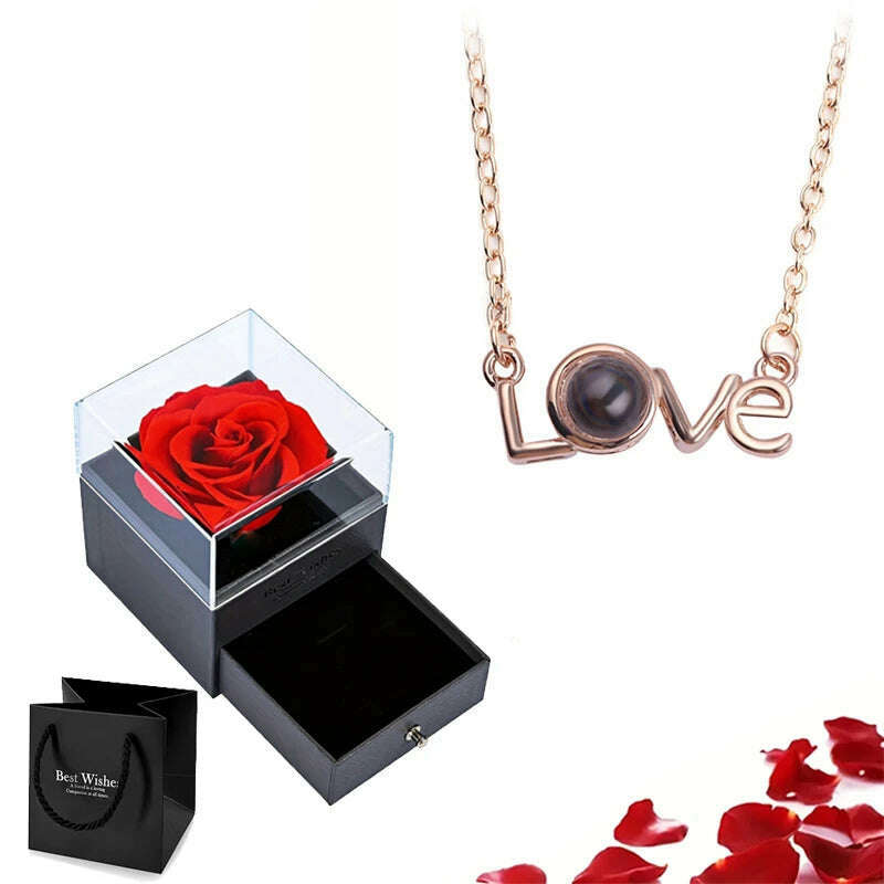 KIMLUD, Projection Necklace Set With Rose Gift Box 100 Languages I Love You Heart Pendant Jewelry 2023 Hot Sale Accessories Dropshipping, gold-06, KIMLUD APPAREL - Womens Clothes