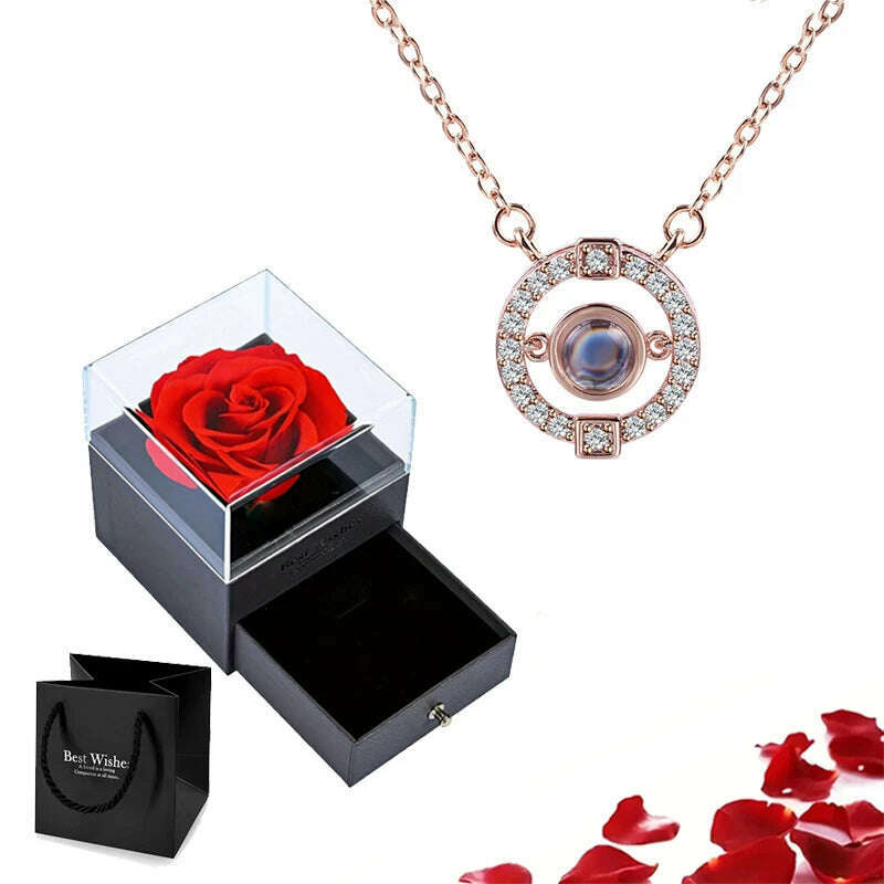 KIMLUD, Projection Necklace Set With Rose Gift Box 100 Languages I Love You Heart Pendant Jewelry 2023 Hot Sale Accessories Dropshipping, gold-07, KIMLUD APPAREL - Womens Clothes