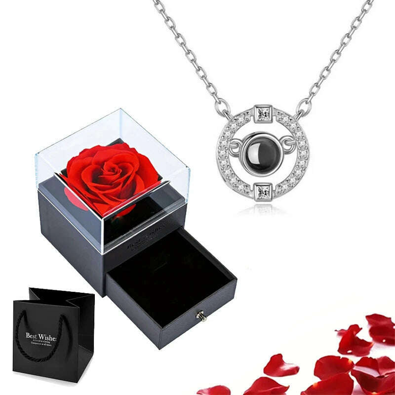 KIMLUD, Projection Necklace Set With Rose Gift Box 100 Languages I Love You Heart Pendant Jewelry 2023 Hot Sale Accessories Dropshipping, silver-07, KIMLUD APPAREL - Womens Clothes