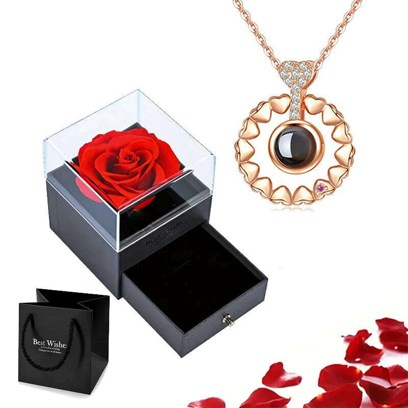 KIMLUD, Projection Necklace Set With Rose Gift Box 100 Languages I Love You Heart Pendant Jewelry 2023 Hot Sale Accessories Dropshipping, gold-09, KIMLUD APPAREL - Womens Clothes