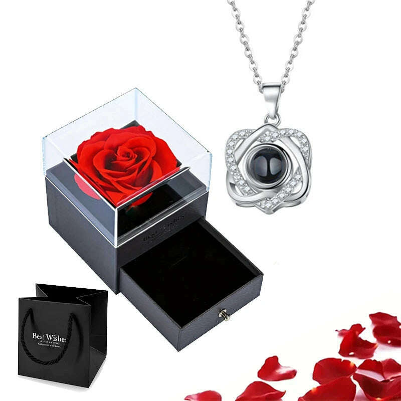 KIMLUD, Projection Necklace Set With Rose Gift Box 100 Languages I Love You Heart Pendant Jewelry 2023 Hot Sale Accessories Dropshipping, silver-10, KIMLUD APPAREL - Womens Clothes