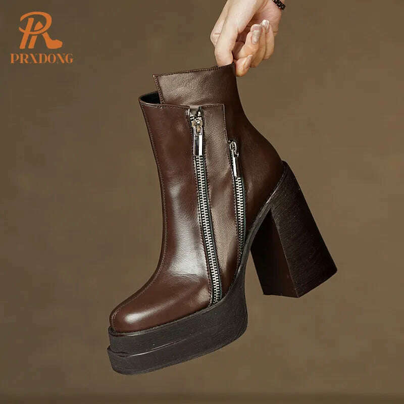 PRXDONG 2023 Classic Women Ankle Boots Dress Working Autumn Winter Casual Thick High Heels Genuine Leather Shoes Woman Size 39 - KIMLUD