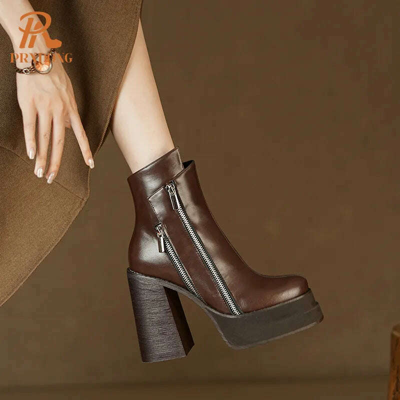 PRXDONG 2023 Classic Women Ankle Boots Dress Working Autumn Winter Casual Thick High Heels Genuine Leather Shoes Woman Size 39 - KIMLUD