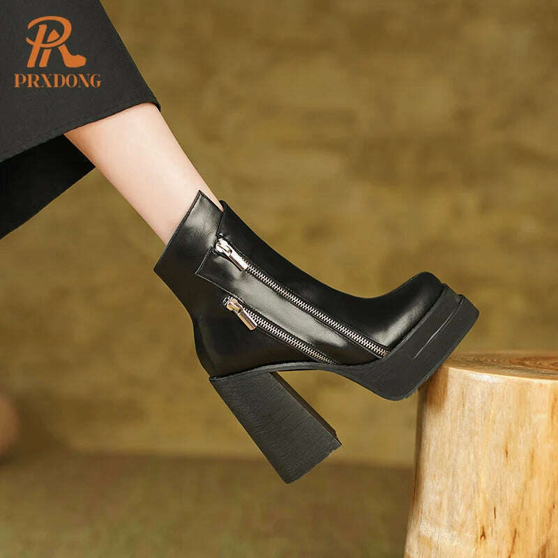 PRXDONG 2023 Classic Women Ankle Boots Dress Working Autumn Winter Casual Thick High Heels Genuine Leather Shoes Woman Size 39 - KIMLUD