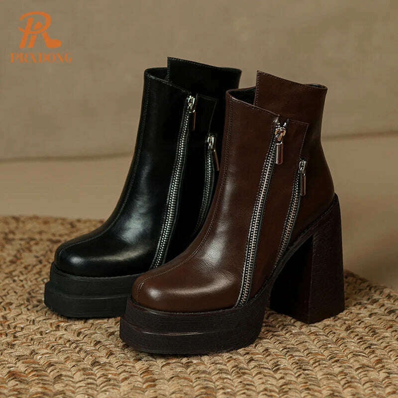 PRXDONG 2023 Classic Women Ankle Boots Dress Working Autumn Winter Casual Thick High Heels Genuine Leather Shoes Woman Size 39 - KIMLUD