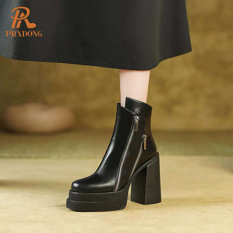 PRXDONG 2023 Classic Women Ankle Boots Dress Working Autumn Winter Casual Thick High Heels Genuine Leather Shoes Woman Size 39 - KIMLUD