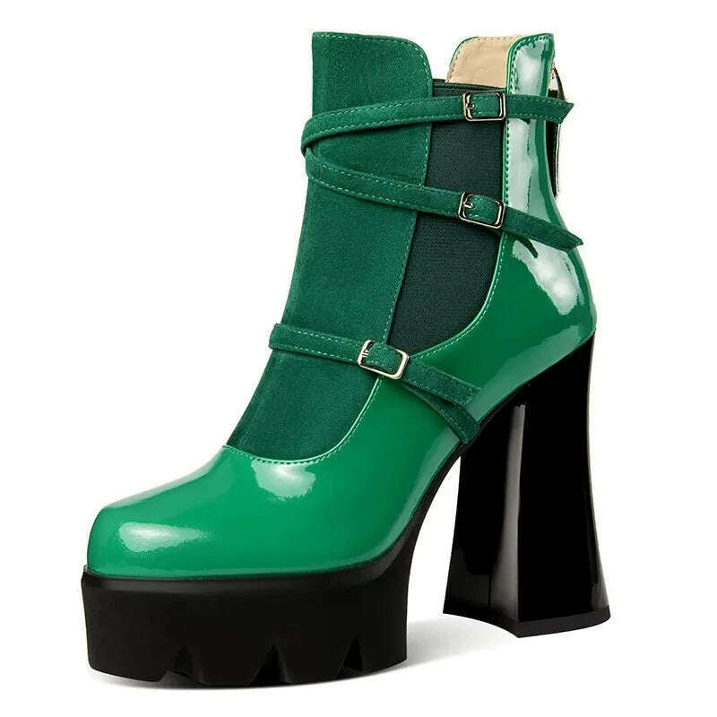 KIMLUD, PRXDONG Brand Genuine Leather Shoes Woman Ankle Boots Chunky High Heels Platform Black Green Zipper Dress Party Lady Shoes 34-39, green / 34 / China, KIMLUD APPAREL - Womens Clothes