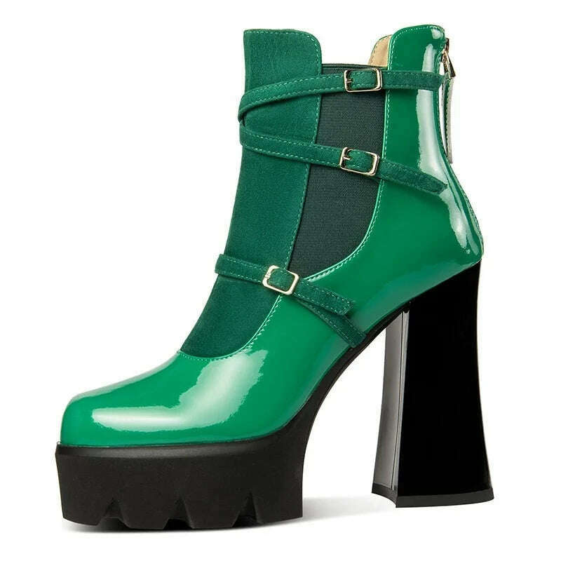 KIMLUD, PRXDONG Brand Genuine Leather Shoes Woman Ankle Boots Chunky High Heels Platform Black Green Zipper Dress Party Lady Shoes 34-39, KIMLUD Womens Clothes