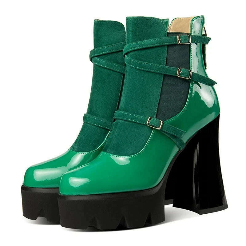 KIMLUD, PRXDONG Brand Genuine Leather Shoes Woman Ankle Boots Chunky High Heels Platform Black Green Zipper Dress Party Lady Shoes 34-39, KIMLUD Womens Clothes