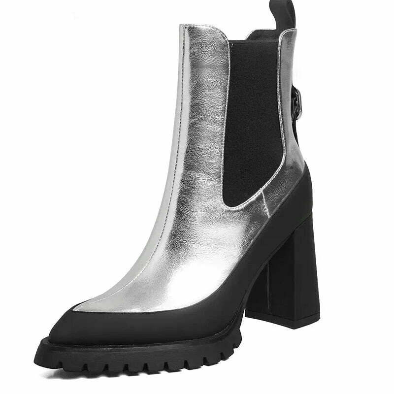 KIMLUD, PRXDONG Genuine Leather Autumn Winter Warm Ankle Boots Chunky High Heels Platform Black Silver Dress Party Lady Shoes Size 34-39, KIMLUD Womens Clothes