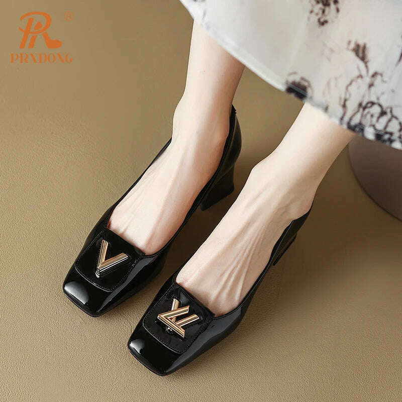 PRXDONG New 2024 Fashion Metal Decoration Genuine Leather Pumps Women Shoes Square Toe Dress Party High Heels Spring Lady Shoes - KIMLUD