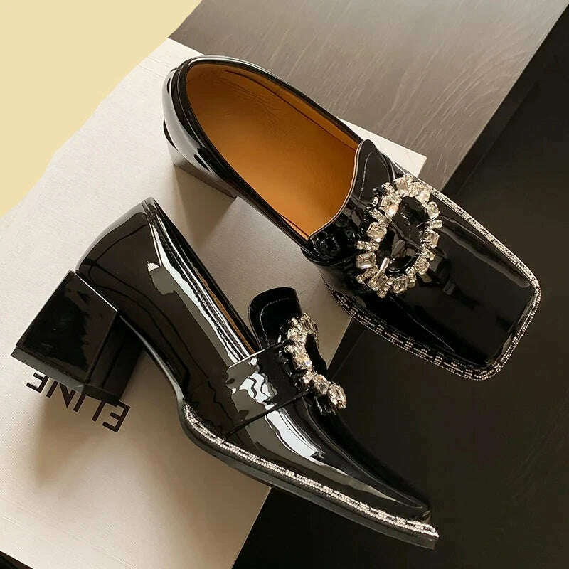 PRXDONG New Arrivals Genuine Leather Spring Summer Women Pumps Square Med Heel Crystal Black White Dress Party Office Lady Shoes - KIMLUD